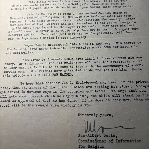 1942 Jan Albert Goris Signed Letter – Belgian Info Center, NYC – Nov 2, 1942 - Picture 2 of 2